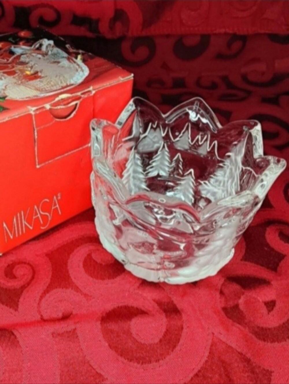 Mikasa Vintage Clear Glass Candle Holder | EUC | Frosted Christmas Trees